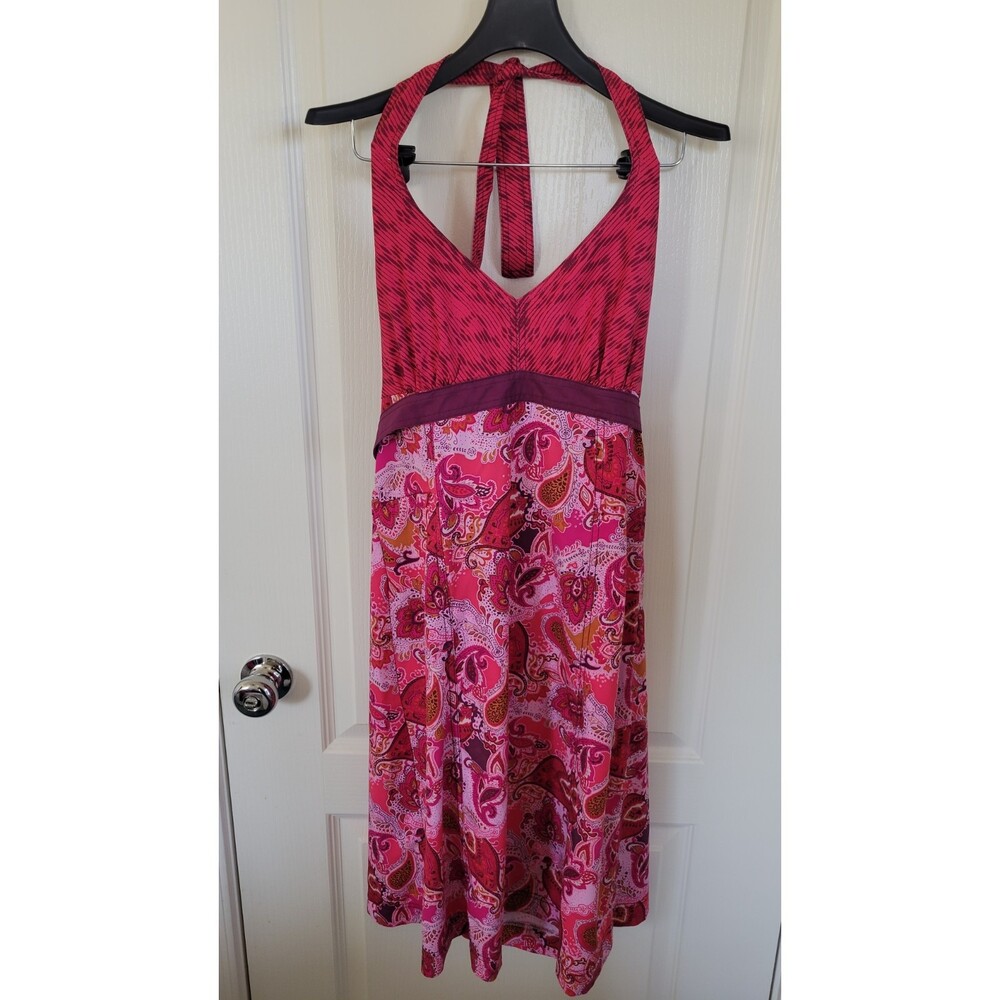 Women's Athleta Pack Everywhere Red Pink Paisley Fit Flare Halter Dress 8